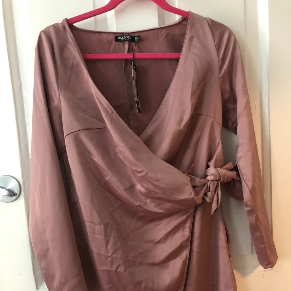 Petite Long Sleeve Satin Mini Wrap dress - Picture 1 of 3